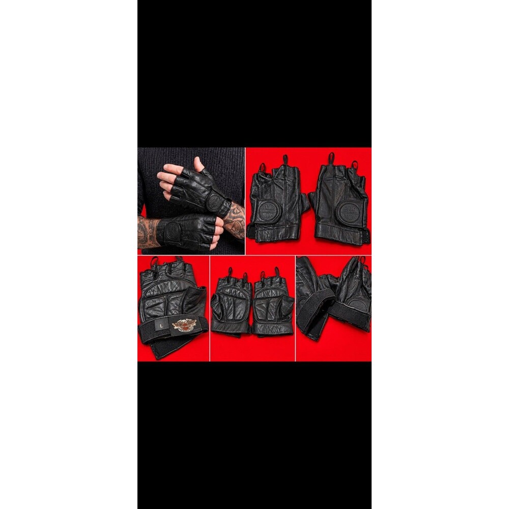 Harley-Davidson Vintage Black Leather Fingerless Motorcycle Gloves Size L
